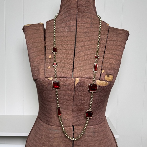 Chico's Goldtone & Faux Ruby Red Lariat Length Rolo Chain Necklace - Picture 5 of 12